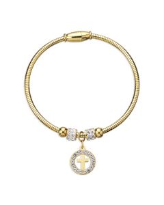 18K Gold Plated Silvatore Crystal Cross Charm Bracelete. Flexible 3mm Thick with Magnetic Clasp. 6cm Diameter. Boxed.
