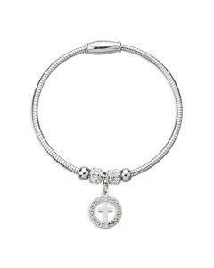 Stainless Steel  Silvatore Crystal Cross Charm Bracelete. Flexible 3mm Thick with Magnetic Clasp. 6cm Diameter. Boxed.