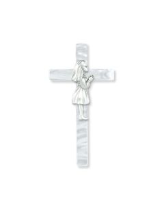 7" Pearlized Communion Cross with Pewter Girl Figure