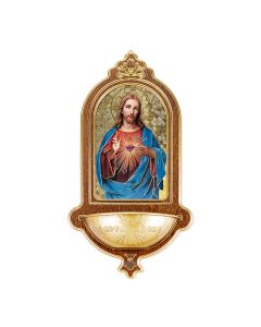 10" x 5-1/2" The Sacred Heart of Jesus Wooden Holy Water Font