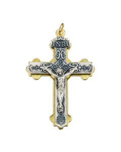 2 1/8" Double Layer Crucifix in Silver Oxidized Finished with Scroll Pattern