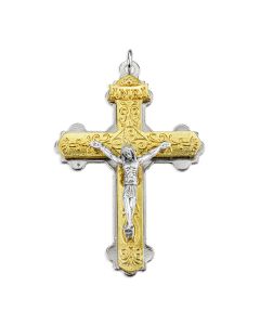 2 1/8" Double Layer Crucifix in Gold and Silver Finished with Scroll Pattern