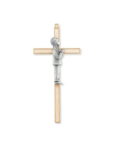 7" Gold Finish Pearlized Metal Cross with Pewter Communion Boy Figure