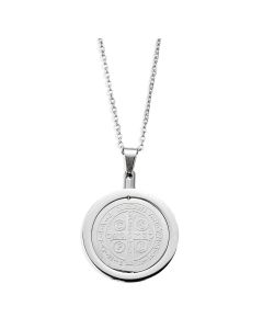 1 1/8" Silver Stainless Steel St. Benedict Medal with 2mm Crystals Encased in Glass with 18"-20" Adjustable Fine Chain.
