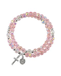 Pink Aurora Borealis Bead 5-Decade Spiral Wrap Rosary Bracelet