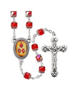 JMJ Three Hearts Rosary in 7mm Ruby Crystal Double Capped Beads with JMJ Hearts Centerpiece