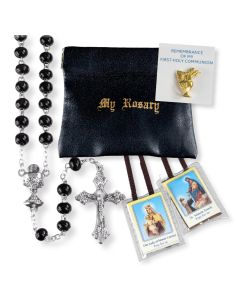 5mm Black Wood Bead Rosary Boys First Communion Set - P65