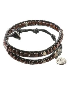 Brown Wood Blessed Beads Wrap Bracelet with Saint Joseph Medal