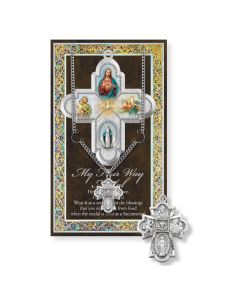 First Communion Four Way Genuine Pewter Medal on a 18" Chain with Biography and Picture Folder