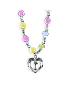 6mm 16" Multicolored Pearlized Heart Necklace with Silver Beads and a Silver Pierced Heart with Chalice.