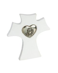 3 3/4" Standing White Resin Cross Textured Finish and Heart Shaped Silver Oxidized Medallion