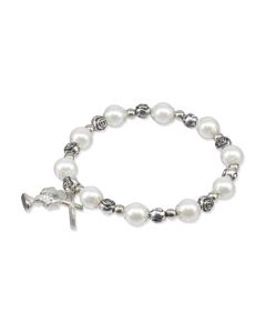 8mm Pearl Bead Rosary Stretch Bracelet Rosebud Accent Beads with a Silver Oxidized Crucifix and Chalice Charm