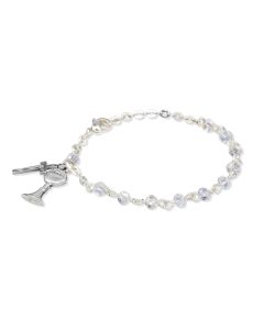 4mm 6" Crystal Aurora Bead Rosary Communion Bracelet with Silver Oxidized Crucifix and Chalice Charm.