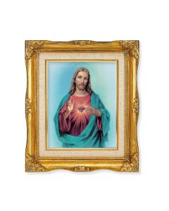8"x10" Sacred Heart of Jesus Textured Art in a 12"x14" Ornate Antiqued Gold Frame with Inner Linen Border