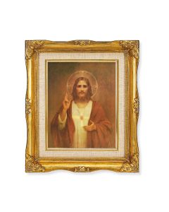 8"x10" Sacred Heart of Jesus Texture Art in a 12"x14" Ornate Antiqued Gold Frame with Inner Linen Border