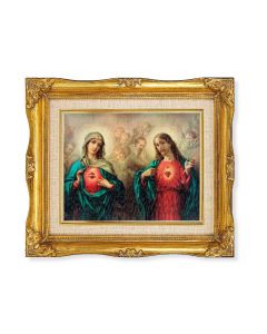 8"x10" The Sacred Hearts Textured Art in a 12"x14" Ornate Antiqued Gold Frame with Inner Linen Border