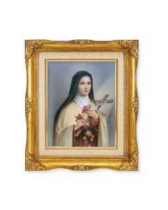 8"x10" Saint Therese Textured Art in a 12"x14" Ornate Antiqued Gold Frame with Inner Linen Border