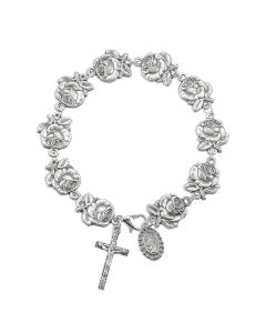 Rose Bud Bead Silver Oxidized Rosary Bracelet with Miraculous Medal on the Reverse