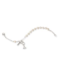 5mm Imitation Pearl Bead Rosary Communion Bracelet with Oxidized Chalice and Crucifix Charms.