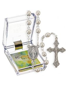 White Faux Pearl Bead Rosary, Boxed