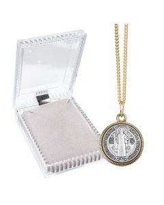 Two Tone Saint Benedict Medal on a 18" Chain, Boxed
