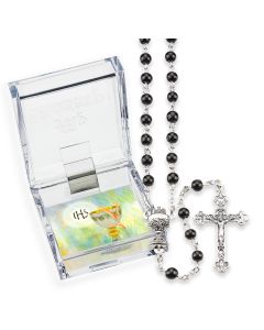 Black Bead Communion Rosary, Boxed