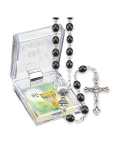 Oval Black Wood Bead Communion Rosary, Boxed