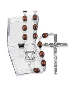 7 x 9mm Maroon Boxwood Bead Rosary with Christ Madonna Center and Crucifix, Boxed