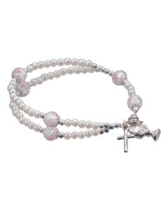 Communion Pearl Bead Rosary Bracelt with Rose Painted Our Father Beads