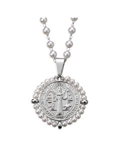 1" Double-Sided St. Benedict Medal with 3mm Faux Pearl Linked 24" Chain