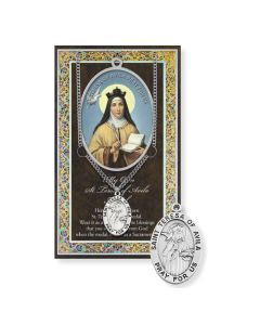 Saint Teresa Avila Genuine Pewter Medal on a 18" Chain with Biography and Picture Folder