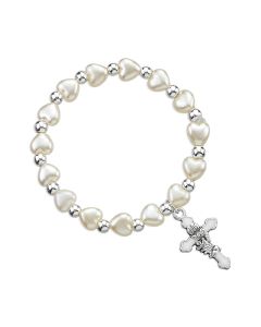 White Pearlized Stretch Bracelet with Small White Epoxied Communion Cross