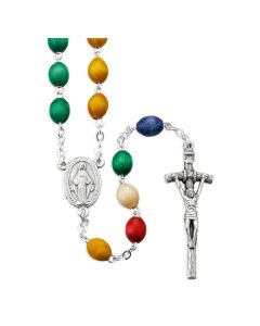 Italian Oval Wood Mission Rosary in 5x7mm Multicolored Beads with Silver Ox Crucifix and Centerpiece. Boxed