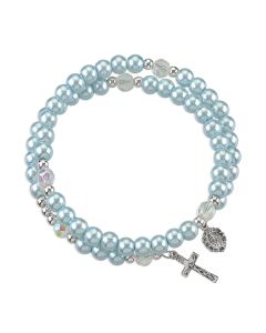 Imitation Light Blue Pearl Bead 5-Decade Spiral Wrap Rosary Bracelet