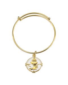 2 3/4" Diameter Gold Bracelet with Pearlized Epoxied Communion Chalice Medal.  Gift Boxed 