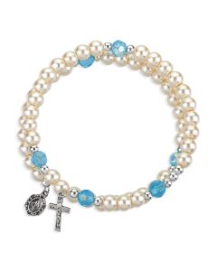 Imitation Pearl Bead 5-Decade Spiral Wrap Rosary Bracelet