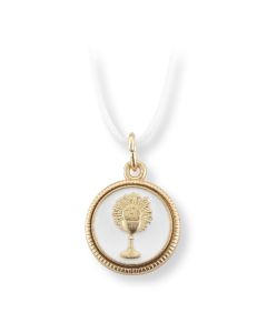 3/4" White Epoxied Gold Finish Chalice Communion Medal on a 27" white 