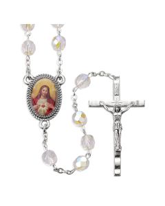 100 Requiem Rosary in 6mm 7mm Crystal Aurora Beads with Sacred Heart and Blessed Virgin Centerpiece.