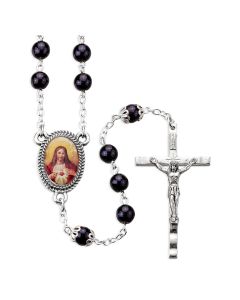 100 Requiem Rosary in 6mm Black Round Box Wood Beads with Sacred Heart of Blessed Virgin Centerpiece