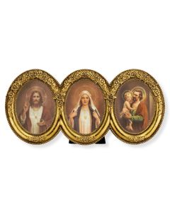 9"x4.5" Jesus Mary and Joseph Hearts in a Triple Oval Gold Leaf Frame with Flowered Decoration Under Glass. Easel Back