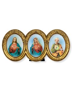 9"x4.5" Hearts of Jesus Mary and Joseph Triple Oval Gold Leaf Frame with Flowered Decoration Under Glass. Easel Back