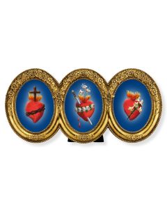 9"x4.5" The Three Hearts Triple Oval Gold Leaf Frame with Flowered Decoration Under Glass. Easel Back