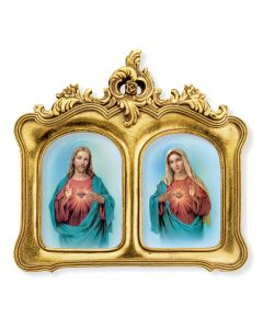 8-1/2"x9" Double Arched Gold Leaf Frame with Baroque Ornate Leaf Design with The Sacred Hearts Print. Under Glass. Easel Back