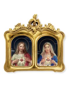 Easel Back 8-1/2"x9" Double Arched Gold Leaf Frame with Baroque Ornate Leaf Design-The Sacred Hearts Print Under Glass. 