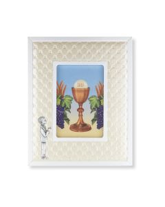 8" x 10" Standing Communion Boy Figure with White Synthetic Leather Picture Frame for 4" x 6" Photos