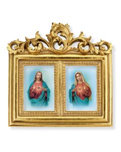 8"x7.5" The Sacred Hearts Double Gold Leaf Frame with Acanthus Leaf Top. Under Glass. Easel Back
