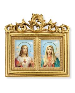 8"x7.5" Double Gold Leaf Frame with Acanthus Leaf Top. Under Glass. Easel Back with The Sacred Hearts 
