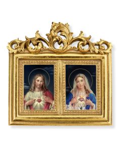 8"x7.5" Double Gold Leaf Frame with Acanthus Leaf Top. Under Glass. Easel Back with The Sacred Hearts Prints