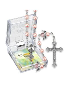 6mm Imitation Pink Pearl Glass Bead Communion Rosary with Angel Our Father Beads, Oxidized Crucifix and Chalice Center Boxed. 21"