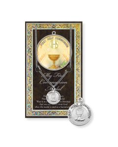 First Communion Genuine Pewter Medal on a 18" Chain with Biography and Picture Folder